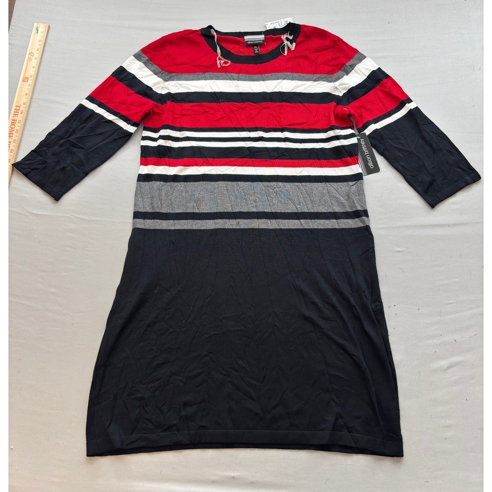 Allison Brittney Striped Sweater Dress Red Black White Grey 3/4 Sleeve Crew Neck